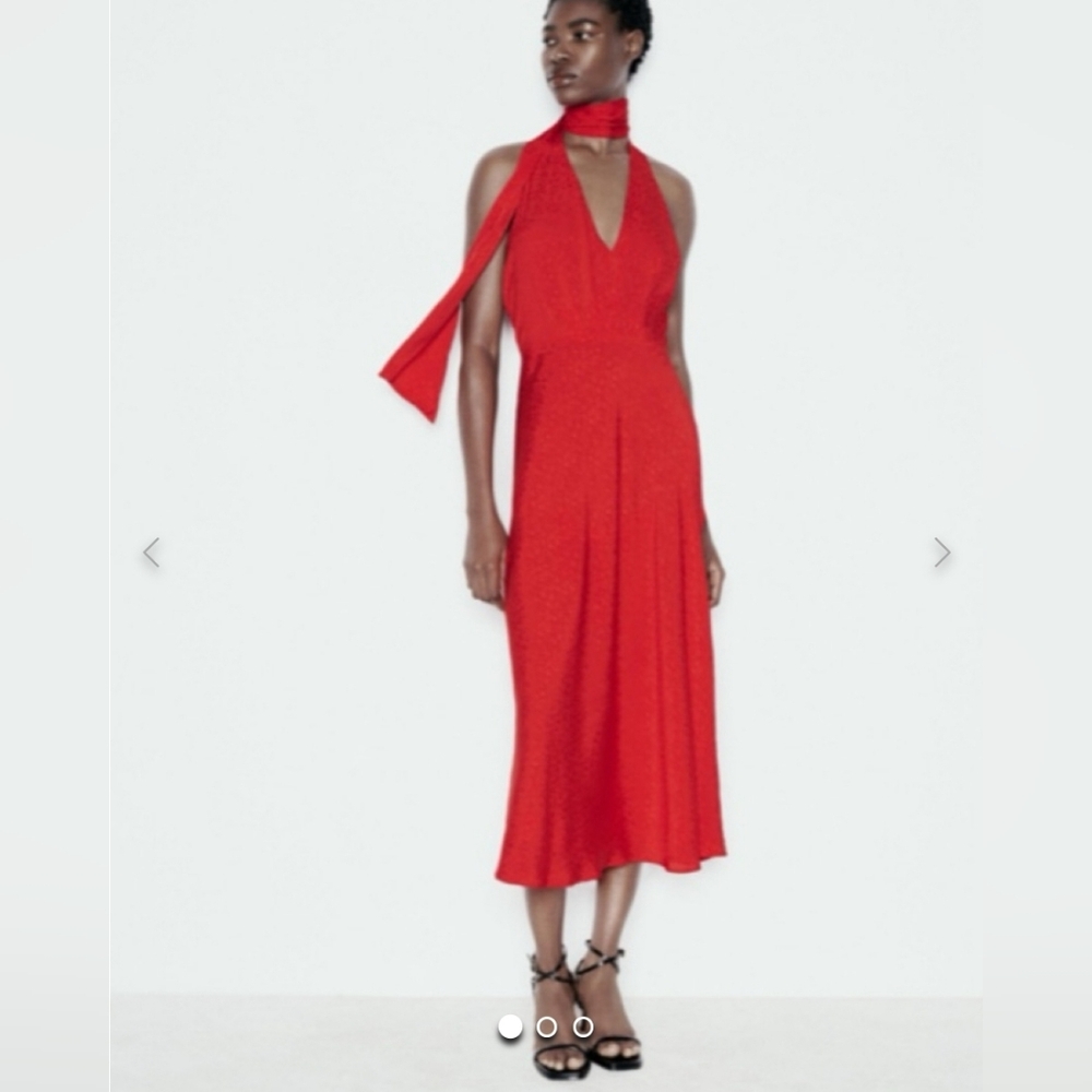 Zara Red Halter Midi Dress with Neck Tie